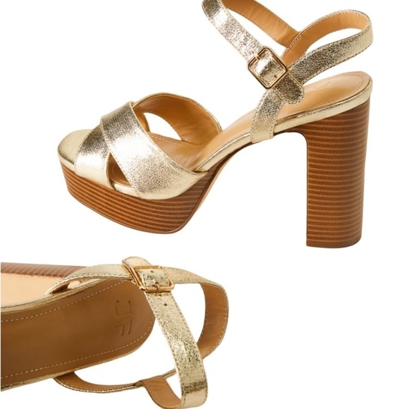 JUST FAB • Gold Tina Crossover Platform Heeled Sandals Includes Box - Picture 4 of 8